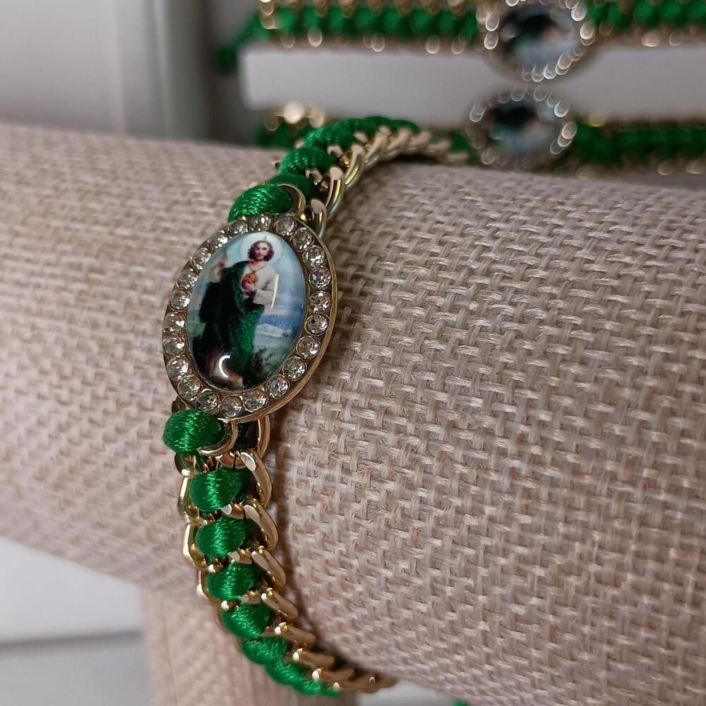 Catholic Macrame bracelet Green and Gold Jewelry Religious St. Jude
